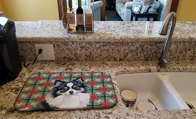 Caroline's Treasures Black and White Pomeranian Christmas PoinsettIas Dish Drying Mat Absorbent Dish Drying Mat Pad for Kitchen Counter Dish Drainer Mat for Countertop, 14 x 21", Multicolor