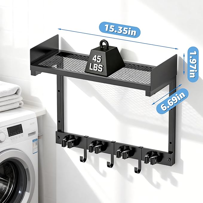HUFAND Broom Holder Wall Mount, 15" Large Mop and Broom Organizer Wall Hanging with Top Storage Shelf, Heavy Duty Iron Utility Rack for Laundry Room, Garage, Kitchen, Garden - Black