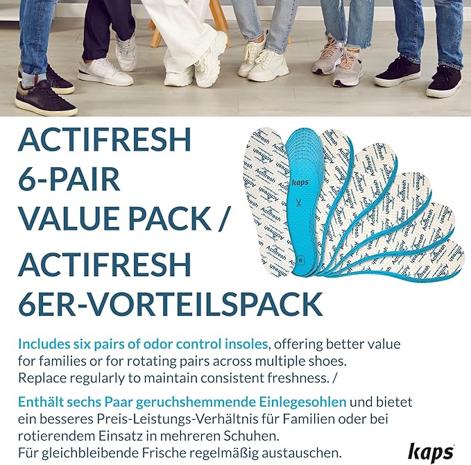 6 Pairs Kaps Actifresh Shoe Insoles Inserts, Odor Control Freshness Technology Developed in Switzerland by Sanitized, Triple Layer, Cushioning Soft Latex, Cut to Fit, Universal Size Unisex