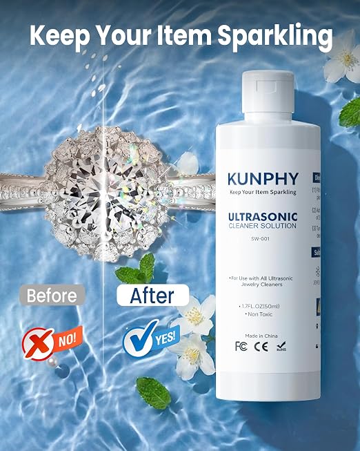 kunphy Jewelry Cleaner Solution -Ultrasonic Cleaner Solution for Gold, Silver, Platinum Diamonds and Non-Porous Precious & Semi-Precious Jewelry 1.7 oz(50ml)