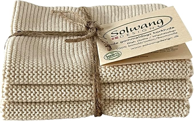 Solwang 3-Piece Danish Cotton Dishcloths in 100% Certified Organic Cotton Made in India (Nature Organic Trio), 619317045637