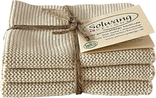 Solwang 3-Piece Danish Cotton Dishcloths in 100% Certified Organic Cotton Made in India (Nature Organic Trio), 619317045637