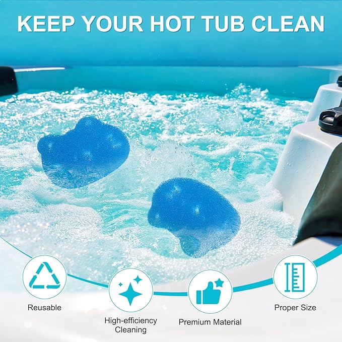 M METERXITY 2-Pack Hot Tub Scum Absorber, 9x12 Cm/3.5x4.7 Inch Sponge Kitten Pattern Scum Balls for Spa, Bathtub and Swimming Pool to Soak Up Oils Bathtub Accessories [Blue]