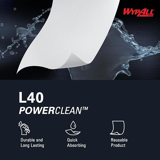 WypAll PowerClean L40 Cloths Extra Absorbent Wipes (03046), Pop-Up Box, Bulk Paper Wipers, White (9 Packs of 90 Sheets, 810 Sheet Total)