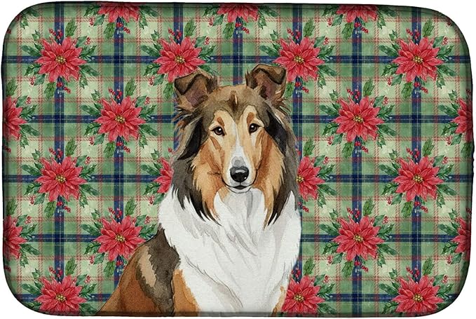 Caroline's Treasures Sable Collie Christmas PoinsettIas Dish Drying Mat Absorbent Dish Drying Mat Pad for Kitchen Counter Dish Drainer Mat for Countertop, 14 x 21", Multicolor