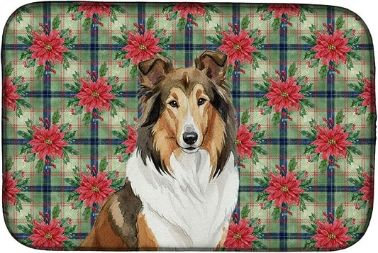Caroline's Treasures Sable Collie Christmas PoinsettIas Dish Drying Mat Absorbent Dish Drying Mat Pad for Kitchen Counter Dish Drainer Mat for Countertop, 14 x 21", Multicolor