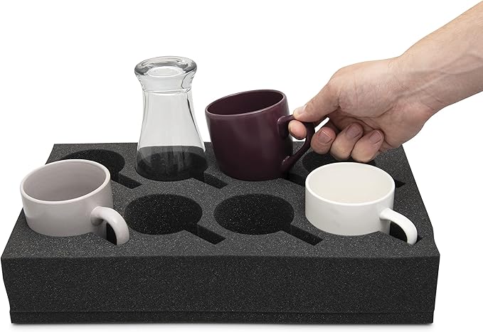Foam Cup & Glass Holder – Grey Sponge Tray, 8-Slot for Standard Mugs – Sturdy Travel Drink Campervan Storage, Beverage Organizer for RV, Camper, Boat & Motorhome