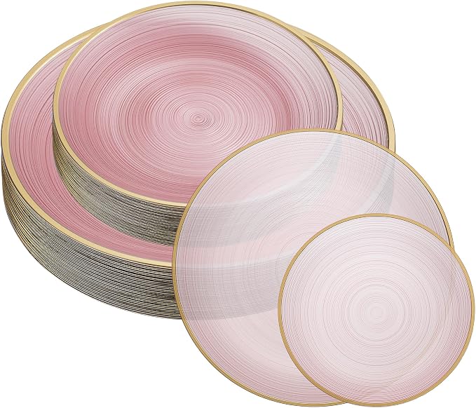 PLASTICPRO 128 Pieces Crystal Design Plastic Plates Combo Pack 7 inch and 10 inch Gold Rim Elegant Disposable Plates, Transparent Pink