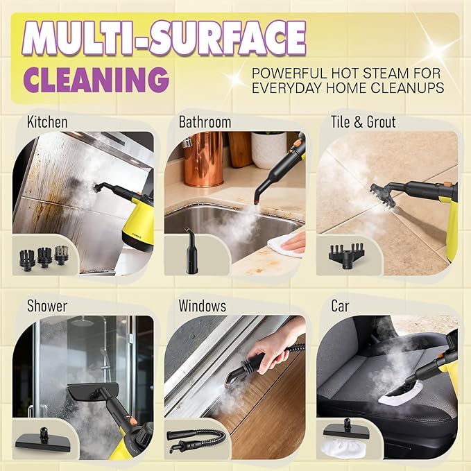 Handheld Steam Cleaner for Home, 1200W Pressurized Multi-Surface Steamer with 10 Accessories, High-Temperature Chemical-Free Cleaning for Bathroom, Kitchen, Tile, Grout, Windows, Shower Doors and Car