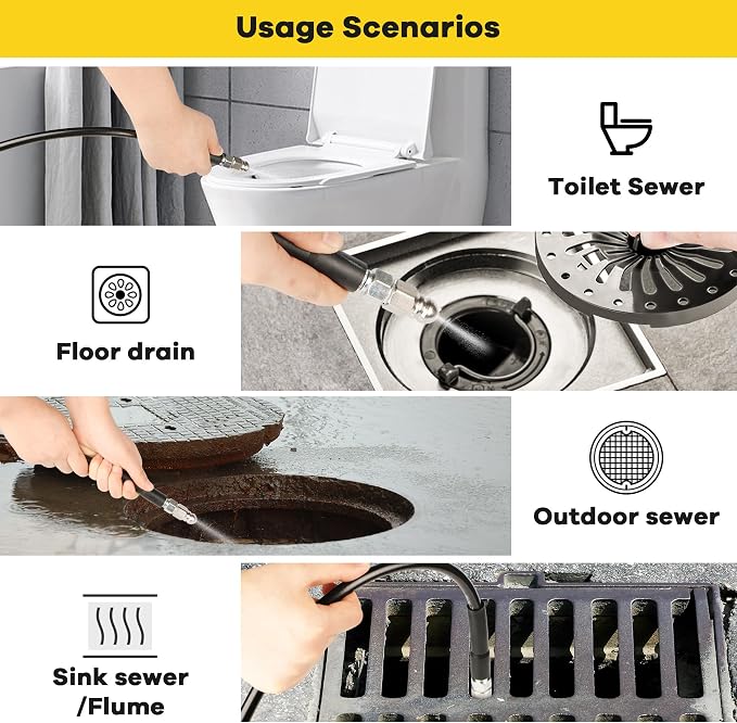 Pressure Washer Drain Jetter – Sewer Jetter Kit for Pressure Washer 100ft 1/4 Inch NPT Hose Nozzles and Adapter 5800PSI Clears Clogs in Pipes & Sewer Lines