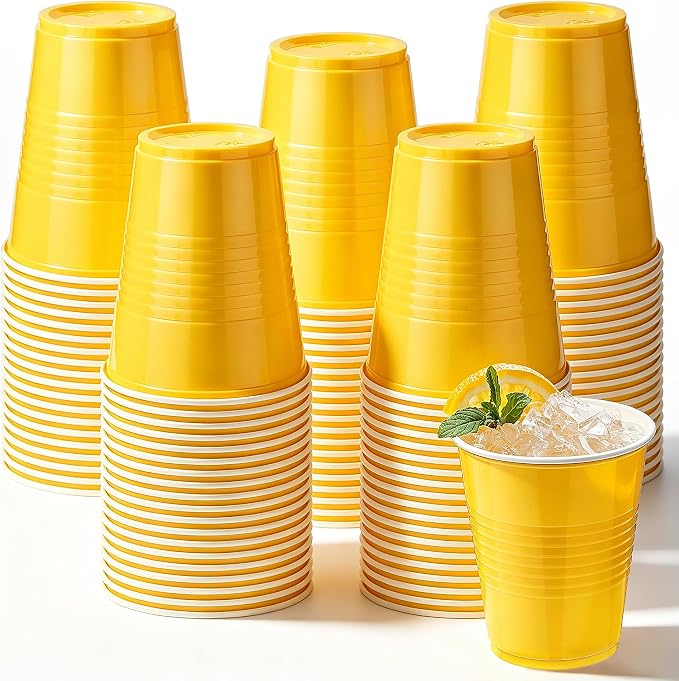 Kochorie 100 Pack Yellow Disposable Plastic Cups 12 Ounce Drinking Party Cups Bulk Party Cup for Summer Graduation Birthday Tropical Parties, Outdoor Barbecues Picnics Events