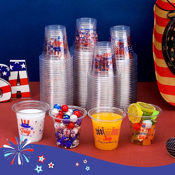 Tanlade 100 Pcs 4th of July Plastic Cups 12 oz Patriotic Red White and Blue Cups Disposable American Flag Design 250th Anniversary Party Supplies for Fourth of July Independence Day Decorations