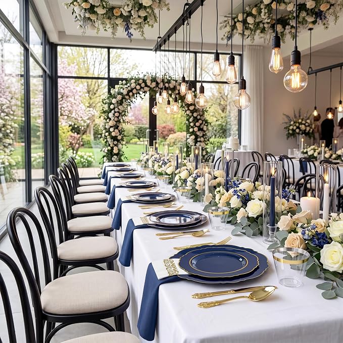 KIRE 210Pcs Navy Blue Plastic Plates - Blue and Gold Plates Disposable - 30guest Baroque Plastic Dinnerware for Upscale Wedding/Parties/4th of July