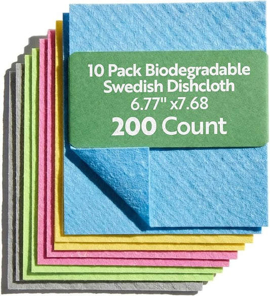 Restaurantware Swedish Dishcloths Pack of 200 Cellulose Reusable Absorbent Assorted Kitchen Towels, Washable Quick-Dry Dish Towels, Sustainable Cleaning Cloths Super-Absorbent Biodegradable Odorless