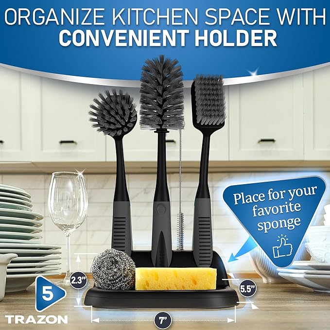 Dish Brush Set of 5 with Convenient Holder, Bottle Water Brush, Dish Scrub Brush, Scrubber Brush and Straw Brush+ Scrub Brush Set of 3pcs- Cleaning Shower Scrubber, Grout Cleaner Brush, Scrub Brushes