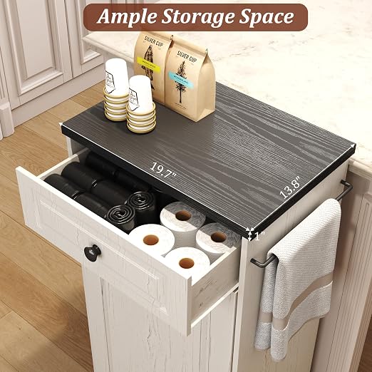 Function Home Trash Can Cabinet, 13 Gallon Tilt Out Trash Cabinet, Wooden Kitchen Garbage Can with Hideaway Drawer, Pet Proof Trash Can Holder for Kitchen Living Room, Antique White with Black Top
