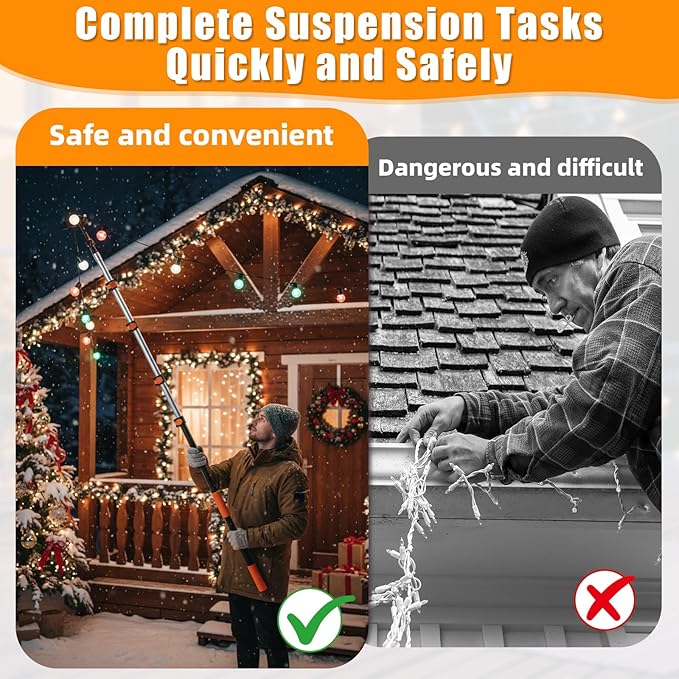 Lasnten 4.5-18 FT Telescopic Extension Pole with Utility Hook Multi-Purpose Aluminum Pole for Dusting and New Year Window Cleaning Xmas Lights Installation(Black Hook)