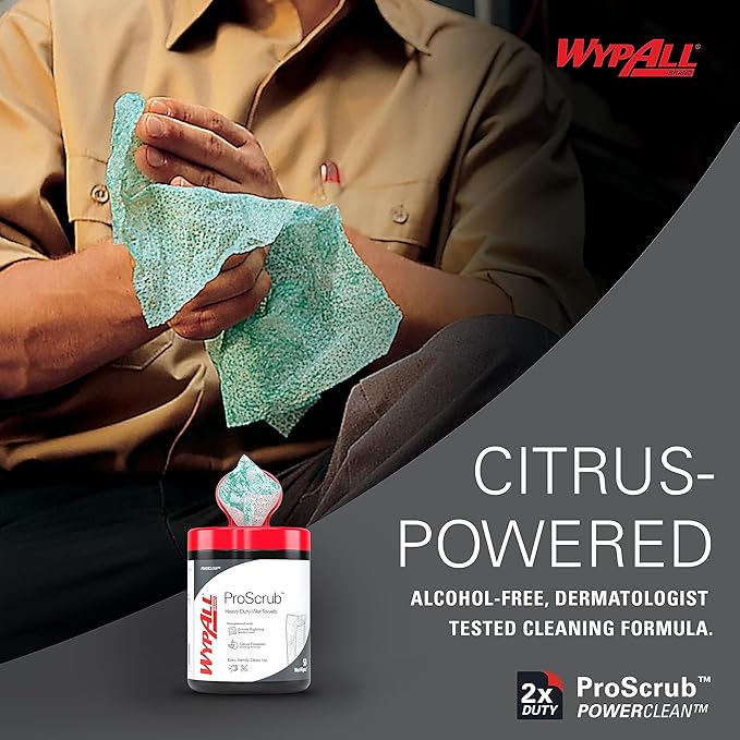 WypAll PowerClean ProScrub Heavy Duty Wet Towels (91371), Dual Action Cleaning, Large 9.5" x 12" Wipes, Bucket Included (6 Containers of 75 Sheets, 450 Sheet Total)