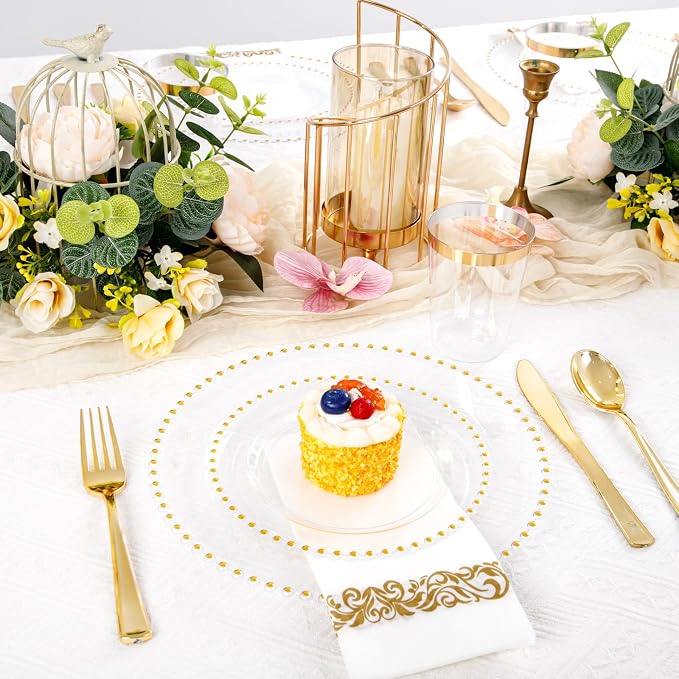 LIYH 350 Pcs Clear Gold Plastic Plates - Disposable Dinnerware Set Include Elegant Dinner & Dessert Plate Cups Gold Silverware for Birthday Party Wedding - Clear Gold 50 Guests