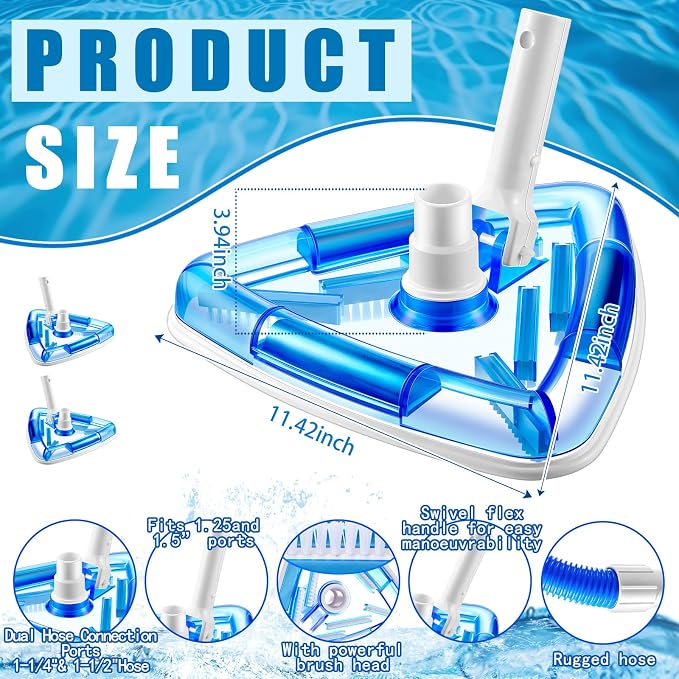 Qinyoung 2 Pcs Swimming Pool Cleaning Kit 1-1/4 Inch x 18 ft Pool Vacuum Hose with Swivel Cuff Triangular Weighted Pool Vacuum Head Connect 1-1/4" or 1-1/2" Hose for Above Ground Inground Pools, Blue