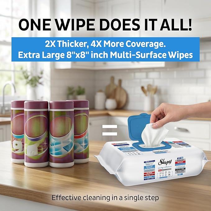 Sleepy Easy Clean XL Heavy Duty Cleaning Wipes (300 Count) – Chlorine-Free Bleach & Vinegar Formula – Large 8"x8" Multi Surface Scrubbing Wipes for Bathroom, Grout, Tile, Glass, Carpet Spots & Stain