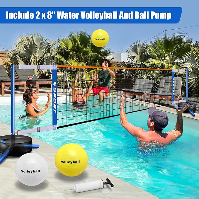Pool Volleyball Net - Portable Indoor/Outdoor Swimming Pool Volleyball Net System with 2 Water Volleyballs and Heavy Duty Base.Adjustable Length 15-25FT for Pickleball and Tennis Net