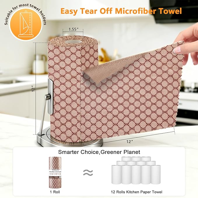 Microfiber Cleaning Cloth Roll, 50-Count, Reusable, Durable, Absorbent, Lint-Free Non-Scratch Towels, Dish Rags for Kitchen, Home, Window & Screens, Paper Towel Alternative, Brown Dot, 12x12 in