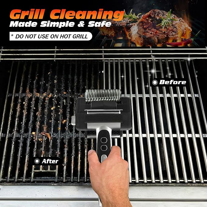 Electric Grill Brush for Outdoor Grill, Rechargeable BBQ Grill Cleaner Stainless Steel Brush with 450RPM Stainless Roller,LED Light, Scraper,Grilling Gifts for Men/Dad