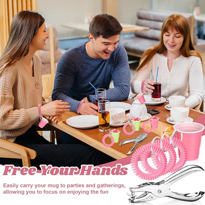 100 Pcs Pink Stretchable Wristband for Shot Cups Wrist Coil Keychain with Hole Puncher Plastic Wristlet Keychain Kit for Shot Tasting Glasses Sports Game Party Supplies