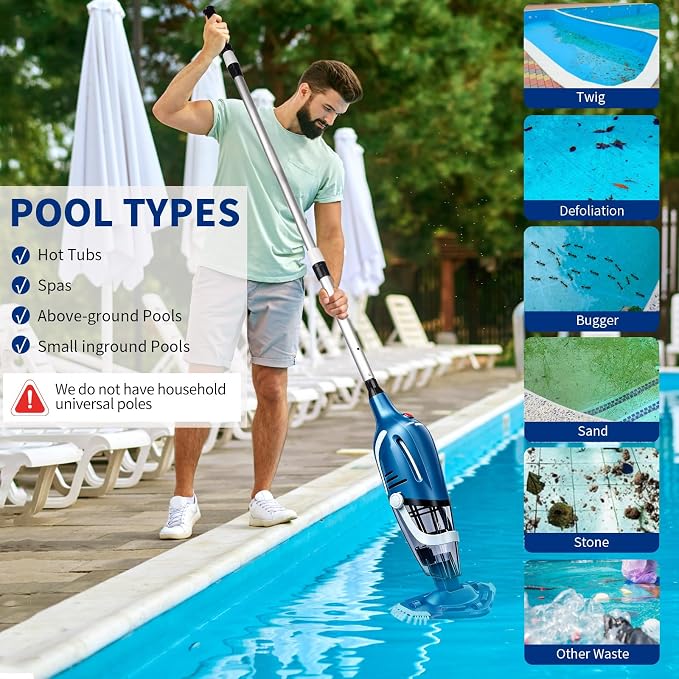 YASHINE Cordless Pool Vacuum Cleaner, Rechargeable, Handheld Pool Vacuum for Above Ground and Inground Pools, spa hot tub 18.5 GPM Suction 80 Min Run Time