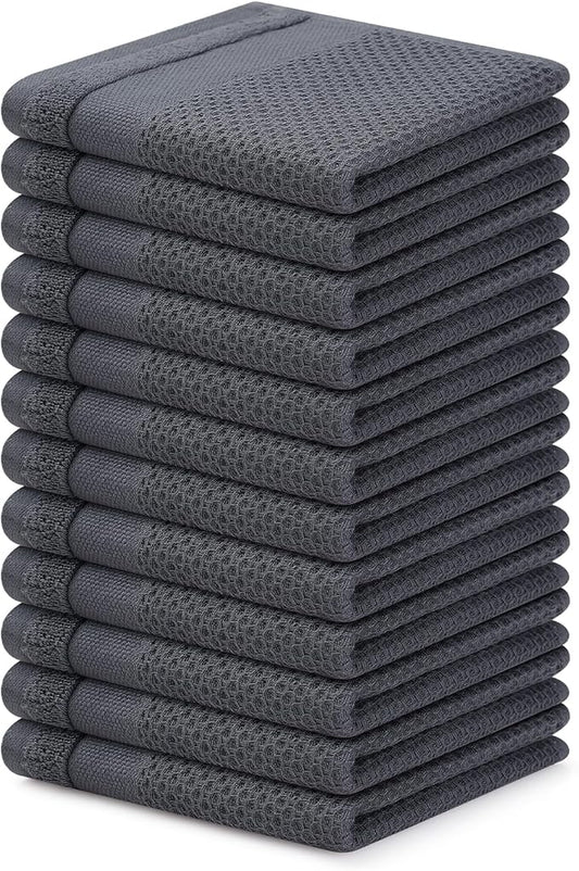 Homaxy 100% Cotton Dish Cloths, 12 Pack - 12 x 12 Inches, Waffle Weave Super Soft and Absorbent Dish Towels Quick Drying Dishcloths, Dark Grey