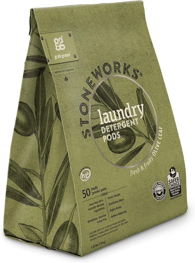 Grab Green Stoneworks Laundry Detergent Pods, 100 Count, Olive Leaf | EPA Safer Choice; Plant & Mineral-Based; Fights stains; Eliminates odors; Softens naturally; No Harsh Chemicals