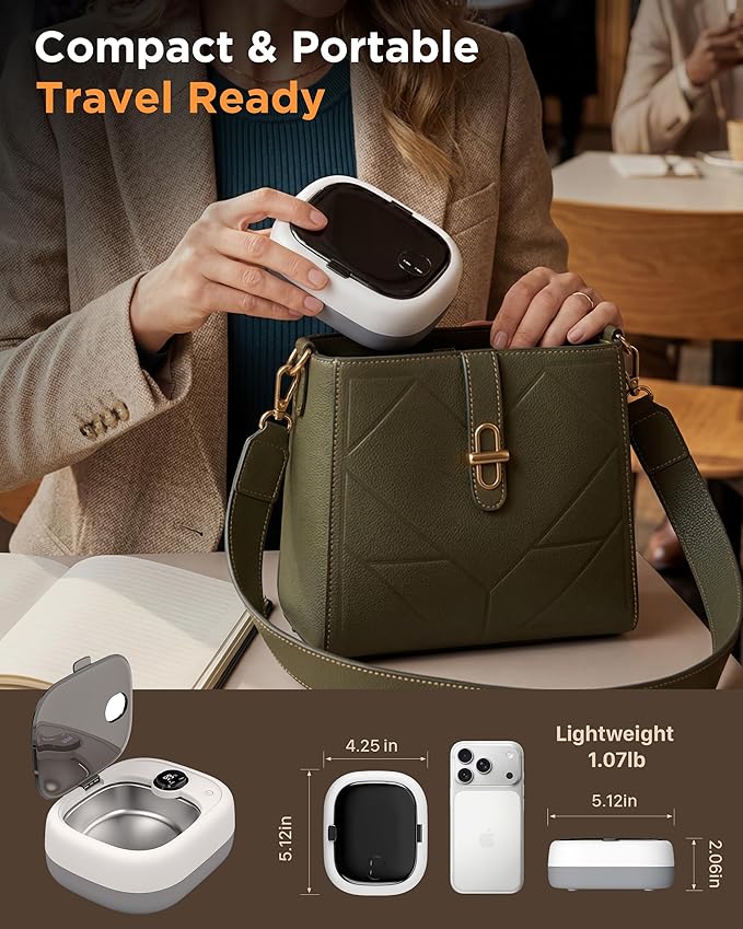 UEOFEN Cordless Ultrasonic Retainer Cleaner: 10-14 Cleans per Charge, 7-Day Travel Power - Smart Battery Percentage Display & UV Light - Compact for Retainers, Aligners, Partial Dentures, Jewelry