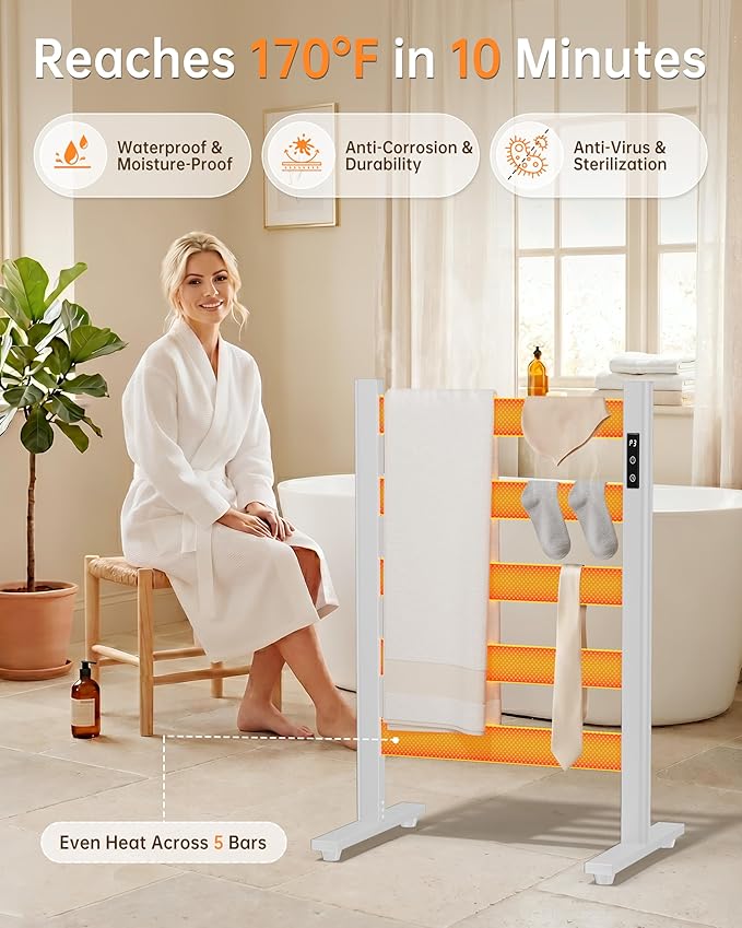 5-Bar Freestanding Towel Warmer, Adjustable Temperature 110–170°F, Timer and Auto Shut-Off, Fast Heating in 10 Minutes, Durable Space Aluminum, Wide Bars, Matte White for Bathroom and Spa