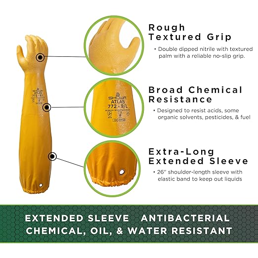 SHOWA Atlas 772 Double Nitrile Coated Full-Arm Chemical Resistant Safety Glove with Cotton/Poly Liner, 20 Mil Thick, 26" Length, Large (12 Pair)
