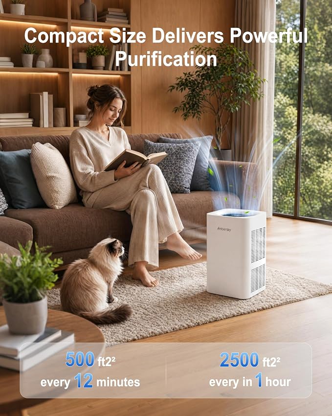 Ambersky Air Purifier for Home, True HEPA Filter for Large Room Up To 2500 Sq Ft, Sleep Mode, 5 Fan Speeds, 360° Air Cleaner for Pet Hair, Smoke, Dust, Odor