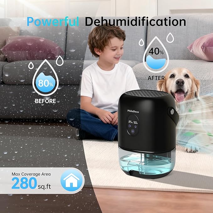 PHILODECO 35 OZ Dehumidifiers for Home(280 sq.ft), Ultra Quiet 25 dB for Bedroom & Bathroom with Auto Shut Off, Small Dehumidifiers for Closet, RV & Basement, 7 Colors LED Light, Black