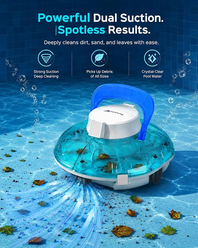 (2026 Upgrade) Cordless Pool Vacuum for Above Ground Pool, Automatic Pool Cleaner Robot Cleaning Up to 660 sq.ft, Dual-Layer Filtration, 90 Mins Runtime, Self-Parking, with Hook (Tech Blue)