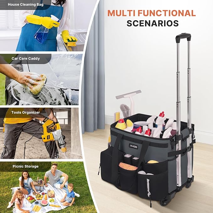 JKAOO Large Rolling Cleaning Caddy Bag with Detachable Trolley, Waterproof Cleaning Caddy on Wheels for Housekeepers, Cleaning Cart Supplies Organizer for Home,Car,Office,Picnic(Gray)(InPatent)