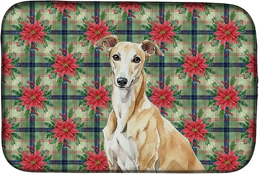Caroline's Treasures Fawn Greyhound Christmas PoinsettIas Dish Drying Mat Absorbent Dish Drying Mat Pad for Kitchen Counter Dish Drainer Mat for Countertop, 14 x 21", Multicolor