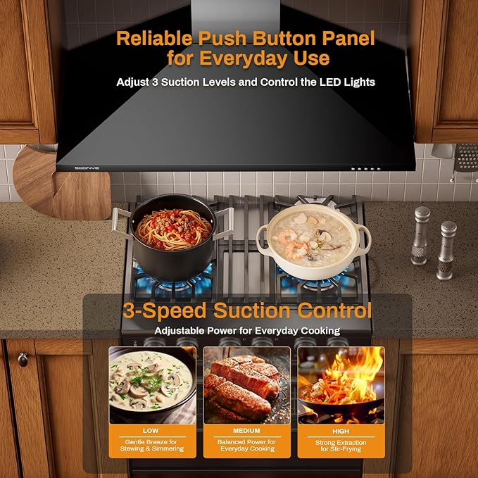 36 Inch Wall Mount Range Hood Ducted/Ductless Convertible Kitchen Exhaust Hood with 450 CFM Motor, 3 Speed Fan, LED Lighting and Dishwasher Safe Filters, Matte Black Painted Finish