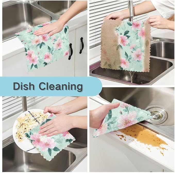 Mint Green Peony Flower Kitchen Towels Dish Cloths Set of 6 Microfiber Cleaning Cloths for Cars Super Absorbent Machine