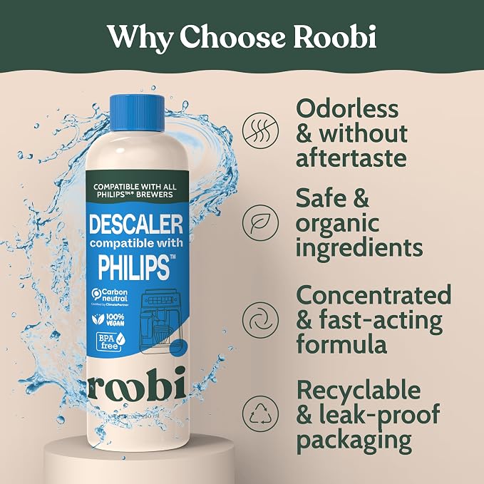 Roobi Philips Compatible Descaling Solution & Cleaner. Specially Formulated for Philips Espresso Machines. Carbon Neutral Descaler Kit. 2 Uses per Bottle, 2 Pack