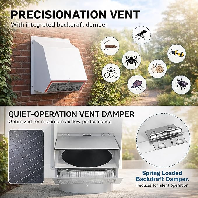 6 Vent Hood Wall Exhaust with Damper 6 Inch Hooded Wall Vent Cover with Screen and Damper, Galvanized Steel Dryer Vent Cover for Range Hood Kitchen Air Ventilation