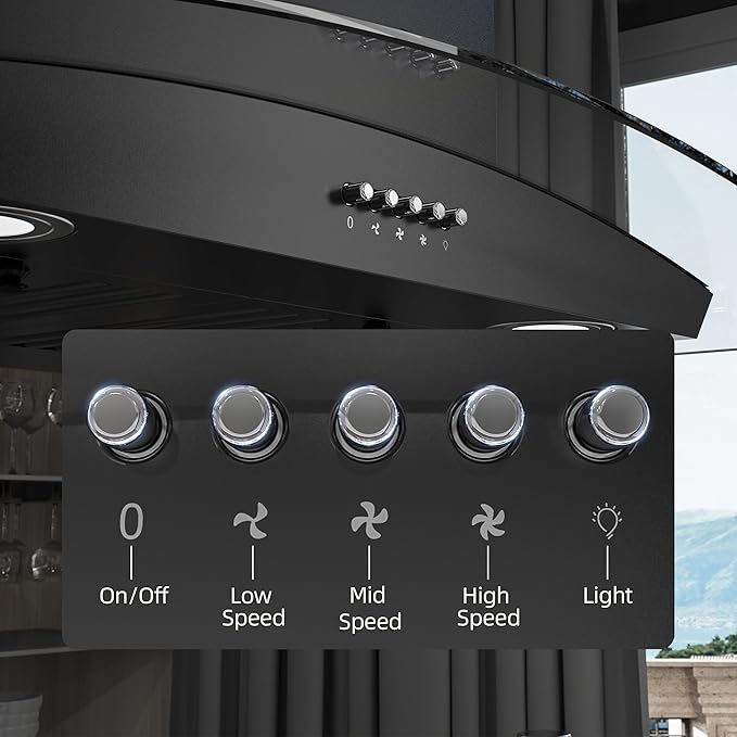 FIREGAS Black Island Mount Range Hood 30 inch with 700 CFM, Ceiling Mount Kitchen Vent Hood Ducted/Ductless Convertible, 4 LED Lights, 3 Speed Exhaust Fan, 2 charcoal fiters, Black