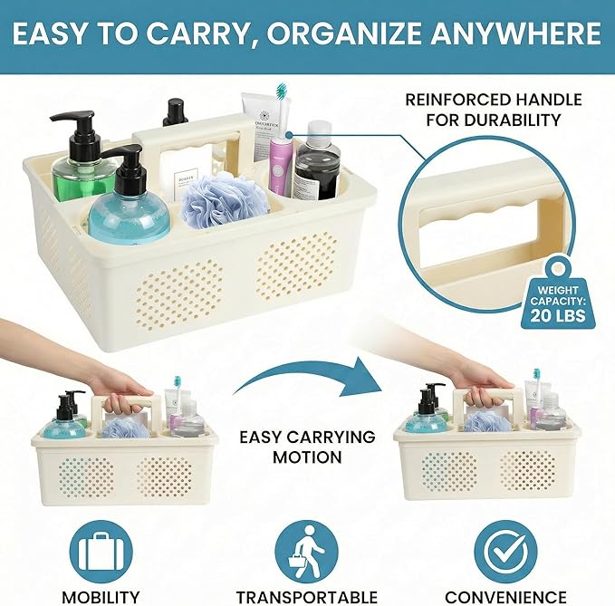 KMV Dorm Room Portable Shower Caddy with Adjustable Compartments - Ventilated Drainage Design with Handles, Perfect Toiletries Organizer for College Dorms-beige
