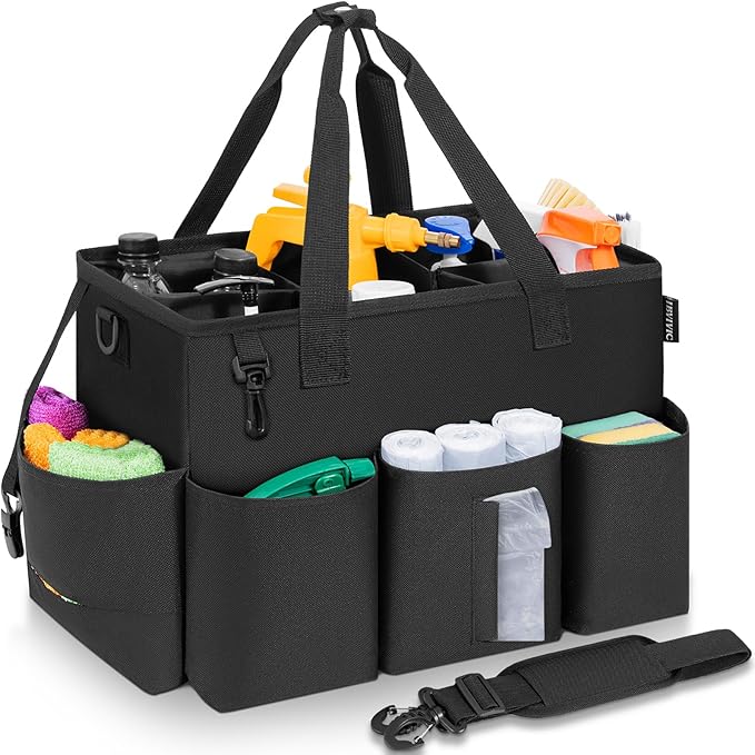 IBVIVIC Wearable Cleaning Caddy Bag for Cleaning Supplies, Large Capacity Cleaning Organizer Tote Bag Kitchen Cleaning Supplies Storage Bag for Cleaners Housekeepers (Black)