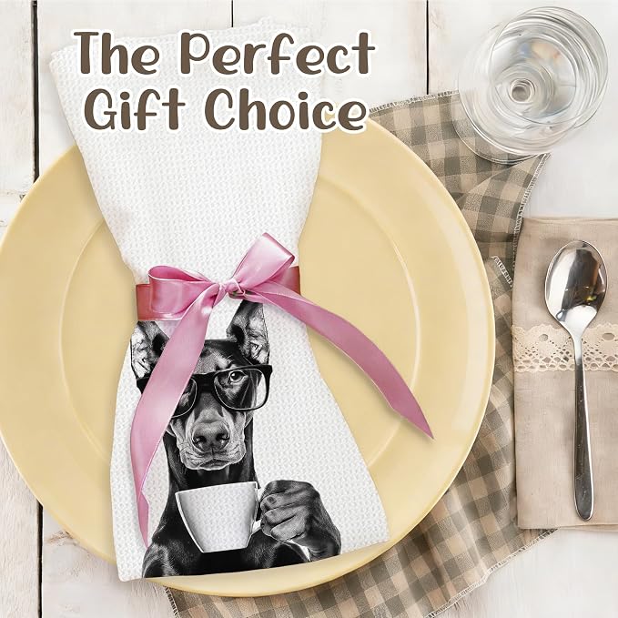 Funny Doberman Kitchen Towels, Dog Kitchen Accessories, Dog Chef Gifts for Women Decorative Hand Towels for Kitchen Decor, Coffee Lovers Gifts Dish Tea Towel, 16x24 Inch