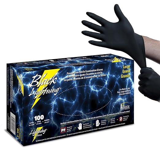 Black Lightning Nitrile Gloves 6 Mil, Disposable Powder-Free Exam & Work Gloves, Heavy Duty Chemical Resistant, Food Safe, Medical & Mechanic Gloves, Black, Large, 100 Count