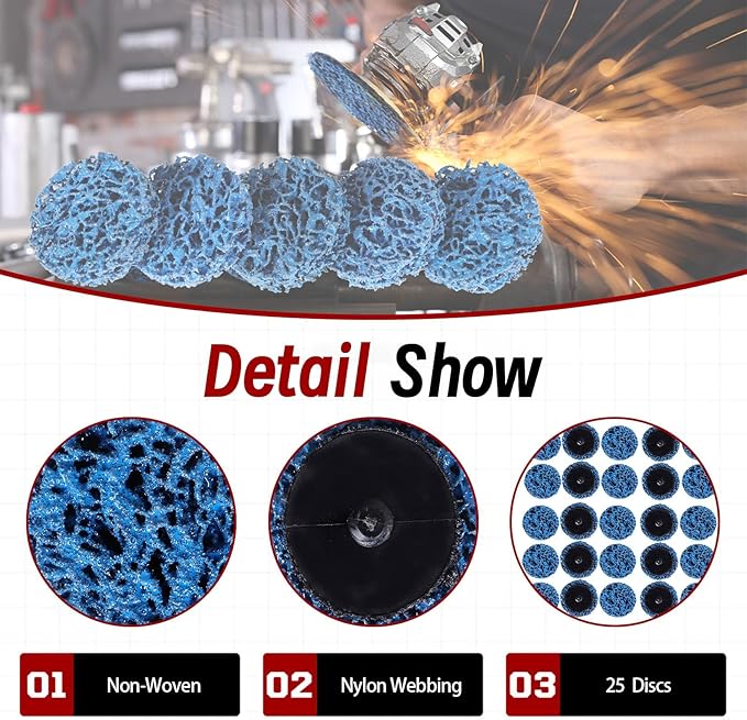 25-Pack 2" Quick Change Clean and Strip Discs – Extra Coarse Blue Non-Woven Abrasive Pads – Fits Angle Grinders for Paint, Rust, Weld Cleaning